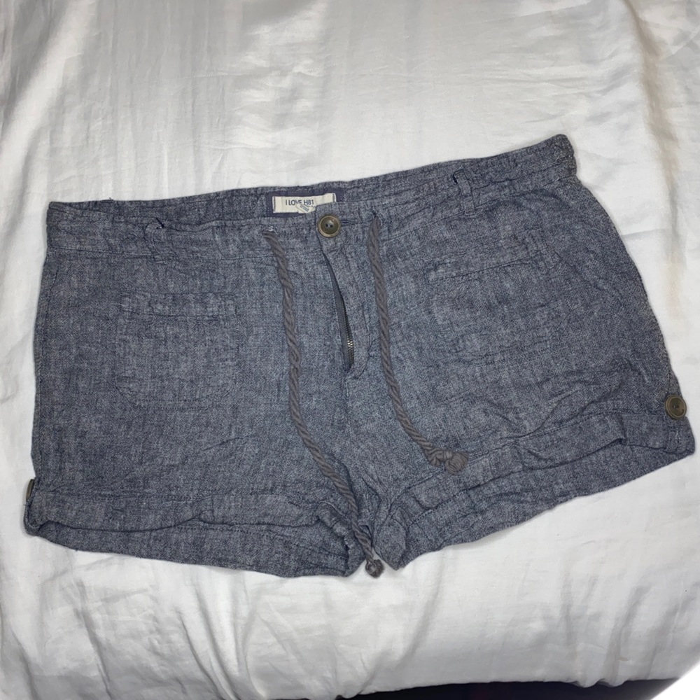 I Love H81 grey Chambray Shorts Cuffed Rope Tie Mid Rise Women Waist sz30